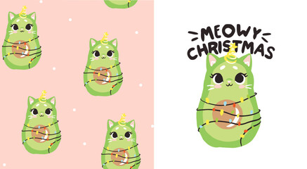 vector illustration. set pattern and print with cute christmas avocado kitten. Can be used as a print for baby clothes, a poster, a pattern for wrapping paper.