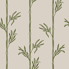 Fototapeta premium Bamboo relax pattern repeat in beige and green botanical background print design. Vector illustration. Calm and ecological seamless repeat surface design for wallpaper, botanical lovers and home decor