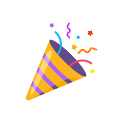confetti party popper icon, fireworks logo, cap, flat design. Vector illustration isolated on white background.