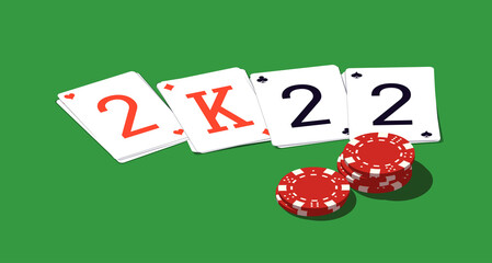 2022 Happy New Year isometry casino style greeting card with playing cards different suits, tokens chips bet on green casino table. Merry Christmas 2K22 Xmas banner poker and blackjak isometric design