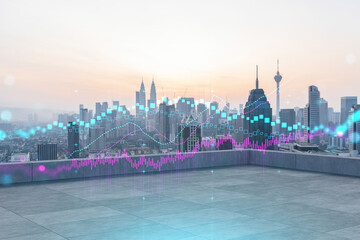 Rooftop with concrete terrace, Kuala Lumpur sunset skyline. Forecasting and business modeling of financial markets hologram digital charts. City downtown. Double exposure.
