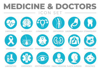 Round Medicine and Healthcare Icon Set of Cardiology, Neurology, Gynecology, Orthopedy,  Oncology, Dermatology, Urology, Internists, Immunology, Laboratory, Emergency, Pediatrics Icons.