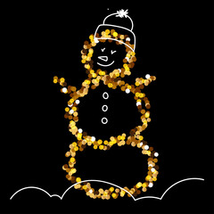 Shining Gold Glitter snowman, New Year and Christmas. Glittering for a card, decor, invitation, poster, website, banner or any festive design. Glittery vector illustration on a black background.