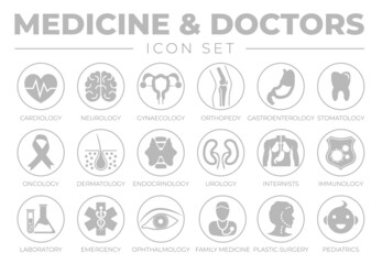 Round Outline Healthcare Icon Set of Cardiology, Neurology Gynecology Stomatology Dermatology Internists Immunology Laboratory Emergency  Ophthalmology Family Medicine Pediatrics Medical Icons.