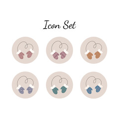Icon set of doodle warm winter gloves. Vector hand drawn holiday elements. Red, pink, green, yellow, orange, purple, dark blue colors