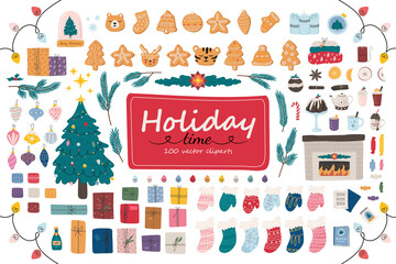 Big set of holiday vector clipart. Winter doodle isolated elements. Christmas tree, gifts, christmas toys, cranberries, candles, colorful garland, fireplace, stars, snowflakes, gingerbread cookies