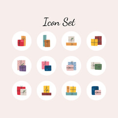 Icon set of different doodle Christmas gifts. Red, pink, green, yellow, orange, blue, mustard, purple, dark blue colors