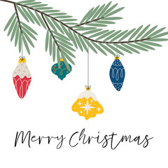 Mery Christmas gift card with spruce branch and doodle holiday christmas balls in yellow, red, green, dark blue colors