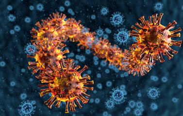 Coronavirus outbreak, COVID-19  under microscope. Danger virus background. 3d rendering