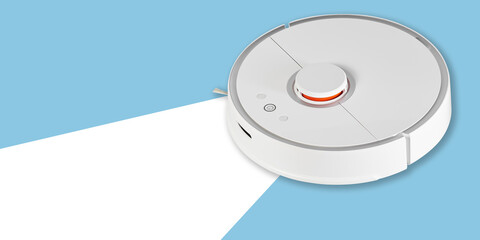 White robot vacuum cleaner on a gentle blue background. Banner with a place for the text....