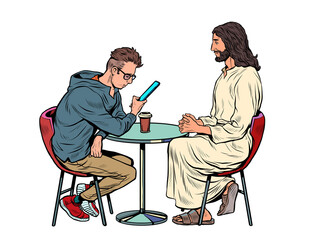 Jesus is waiting for you, savior and busy man at the table. Christianity and religion, preaching and faith