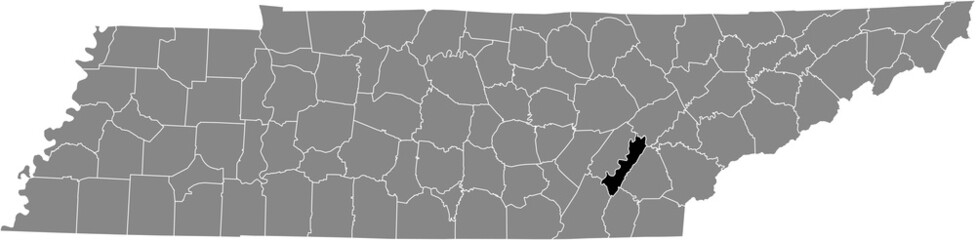 Black highlighted location map of the Meigs County inside gray administrative map of the Federal State of Tennessee, USA