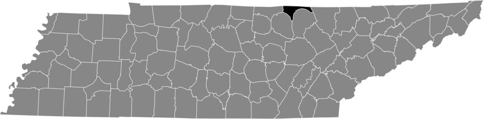 Black highlighted location map of the Pickett County inside gray administrative map of the Federal State of Tennessee, USA