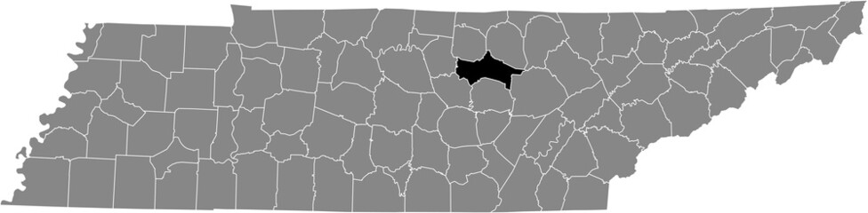 Black highlighted location map of the Putnam County inside gray administrative map of the Federal State of Tennessee, USA