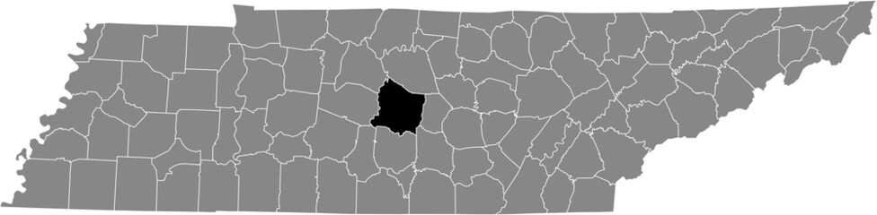 Black highlighted location map of the Rutherford County inside gray administrative map of the Federal State of Tennessee, USA