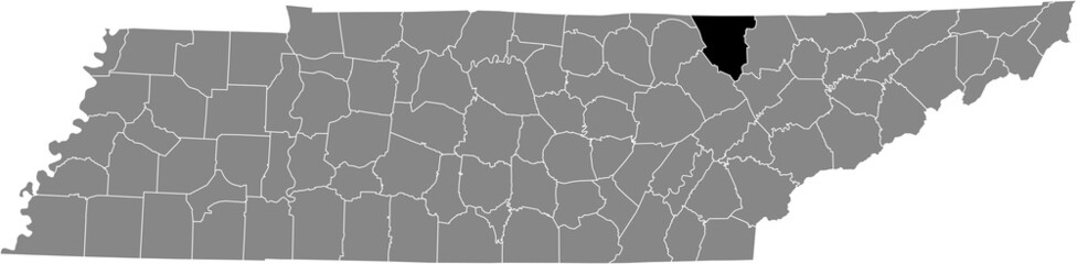 Black highlighted location map of the Scott County inside gray administrative map of the Federal State of Tennessee, USA