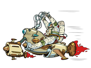 Space biker. An astronaut is flying on a jet-powered flying analogue of a motorcycle. Science fiction