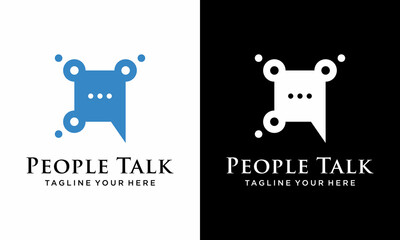 Simple and creative three people talk with bubble chat logo design inspiration, on a black and white background.