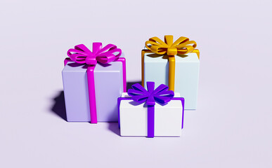 3d rendering gift box with ribbon. Christmas and Happy New Year and Happy Birth Day. white, purple and baby blue color gift box. three gift boxes with  ribbons