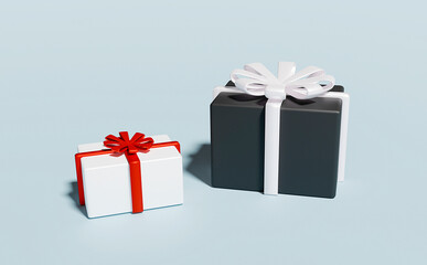 3d rendering gift box with ribbon. Christmas and Happy New Year and Happy Birth Day. while and black gift box. Two gift boxes with  ribbons