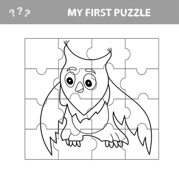 Easy educational paper game for kids. Simple kid application with Owl - My first puzzle. Coloring page