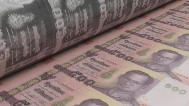A 4K seamless looping animation concept image showing a long sheet of thailand bhat notes going through a print roller in its final phase of a print run	