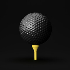 Black golf ball on yellow tee isolated on dark background; close up, perspective view of dark golfball; 3d rendering, 3d illustration