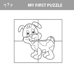 Cartoon Vector Illustration of Educational Jigsaw Puzzle Game for Children with Funny Dog Character. My first puzzle with coloring page