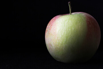 Red-green raw ripe apple close-up on black background