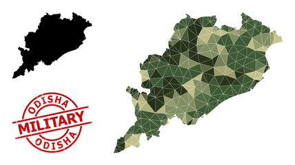 Lowpoly mosaic map of Odisha State, and unclean military stamp imitation. Low-poly map of Odisha State is designed with randomized camo filled triangles.