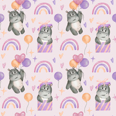 Hand drawn cute isolated baby girl holiday watercolor hippo animal seamless pattern.