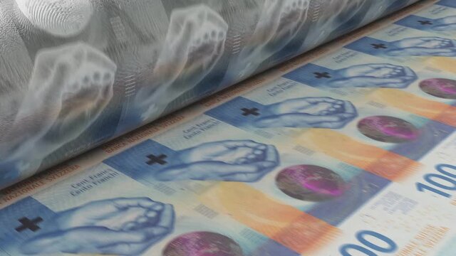 A 4K seamless looping animation concept image showing a long sheet of swiss franc notes going through a print roller in its final phase of a print run	