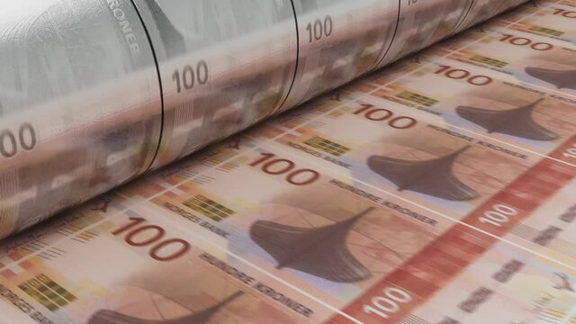 A 4K seamless looping animation concept image showing a long sheet of norwegian kroner notes going through a print roller in its final phase of a print run	