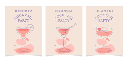 Collection of three cocktail glasses icon invitation illustration, flat minimalistic design.Set of Invitations for cocktail party
