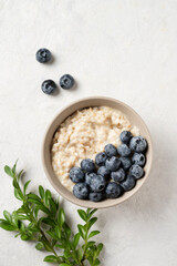 Fototapeta na wymiar Oatmeal porridge with blueberries in bowl on a blue background with branch. The concept of a delicious, nutritious and healthy breakfast. Top view and copy space