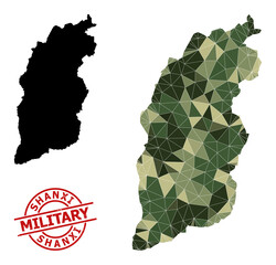 Low-Poly mosaic map of Shanxi Province, and unclean military stamp seal. Low-poly map of Shanxi Province designed from scattered khaki filled triangles.