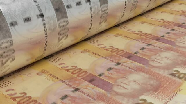 A 4K seamless looping animation concept image showing a long sheet of south african rand notes going through a print roller in its final phase of a print run	