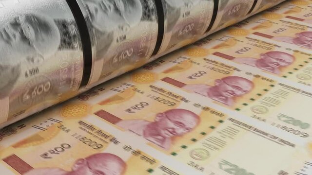 A 4K seamless looping animation concept image showing a long sheet of new indian rupee notes going through a print roller in its final phase of a print run	