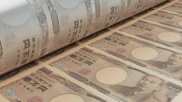 A 4K seamless looping animation concept image showing a long sheet of japanese yen notes going through a print roller in its final phase of a print run	