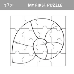 Kids entertaining game with a sea shell puzzle piece in a vector illustration of marine life - my first puzzle. Coloring page