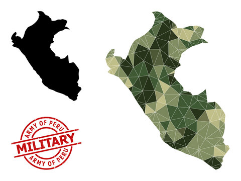 Low-Poly mosaic map of Peru, and distress military rubber seal. Low-poly map of Peru combined with randomized camo colored triangles. Red round stamp for military and army conceptual illustrations,