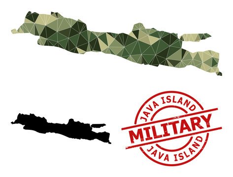 Low-Poly mosaic map of Java Island, and unclean military stamp imitation. Low-poly map of Java Island is constructed with chaotic camouflage colored triangles.