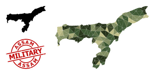 Low-Poly mosaic map of Assam State, and grunge military stamp. Low-poly map of Assam State is constructed of randomized camo color triangles. - obrazy, fototapety, plakaty