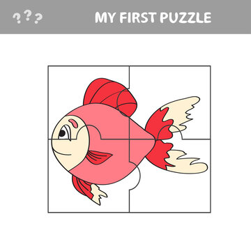 Fish in cartoon style, education game for the development of preschool children, cut parts of the image - my first puzzle