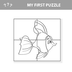Fish in cartoon style, education game for the development of preschool children, cut parts of the image - my first puzzle. Coloring page
