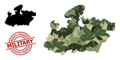 Lowpoly mosaic map of Madhya Pradesh State, and distress military stamp print. Lowpoly map of Madhya Pradesh State is designed with randomized khaki filled triangles.
