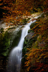 Detail of the Giesbach Waterfall surrounded by autumn trees.