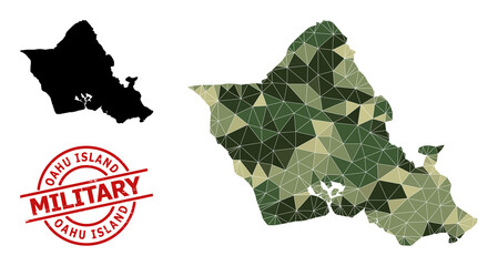 Lowpoly mosaic map of Oahu Island, and scratched military stamp imitation. Lowpoly map of Oahu Island combined from scattered khaki color triangles.