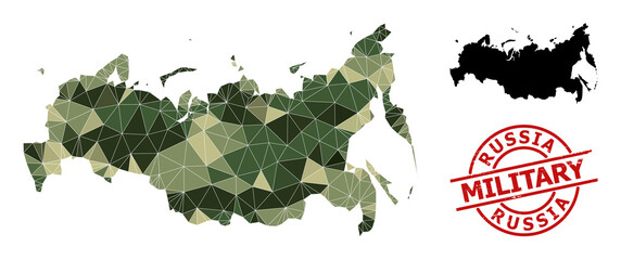 Low-Poly mosaic map of Russia, and unclean military stamp imitation. Low-poly map of Russia combined of randomized khaki colored triangles. Red round stamp for military and army concept illustrations,