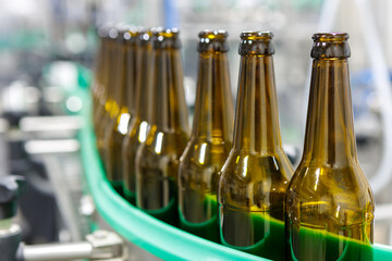 A row of glass beer bottles on.the bottling line.